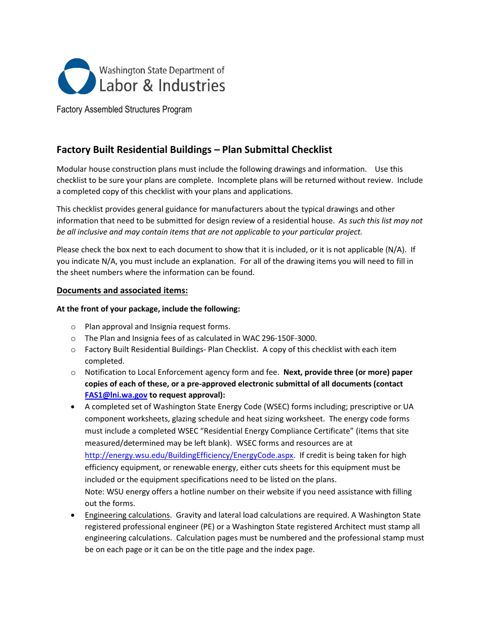 Factory Built Residential Buildings - Plan Submittal Checklist - Washington, Page 1