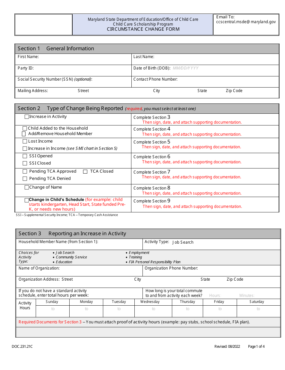 Form DOC.231.21C Circumstance Change Form - Child Care Scholarship Program - Maryland, Page 1