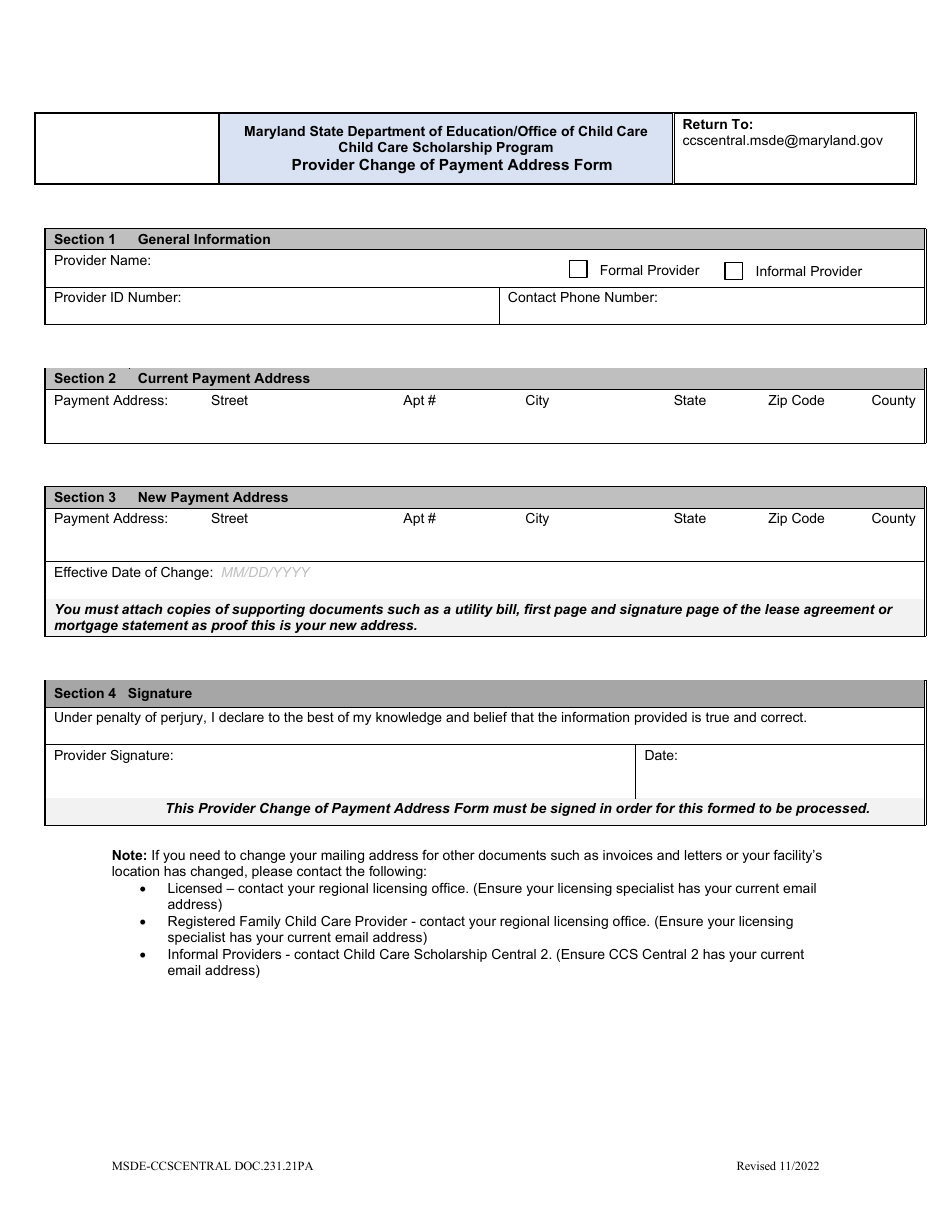 Form DOC.231.21PA Provider Change of Address Form - Child Care Scholarship Program - Maryland, Page 1