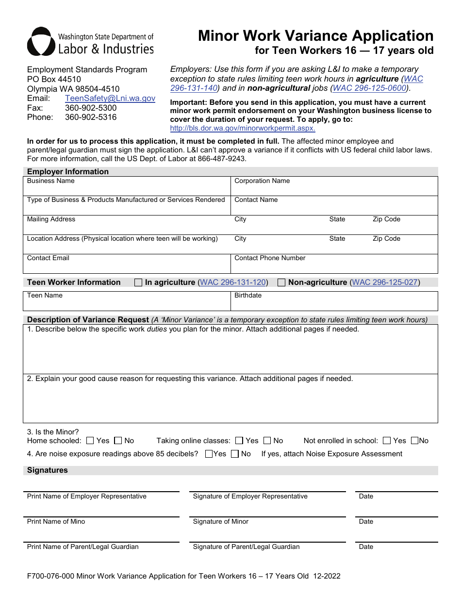 Form F700-076-000 Minor Work Variance Application for Teen Workers 16-17 Years Old - Washington, Page 1