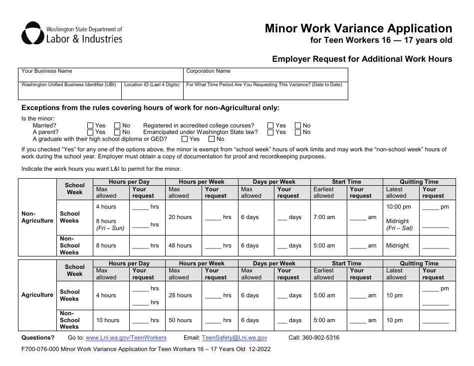 Form F700-076-000 Minor Work Variance Application for Teen Workers 16-17 Years Old - Washington, Page 2