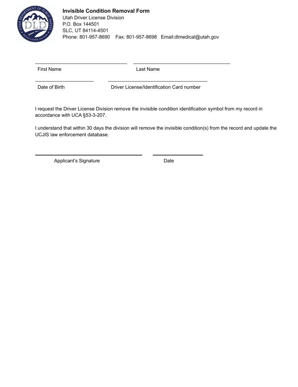 Invisible Condition Removal Form - Utah, Page 1