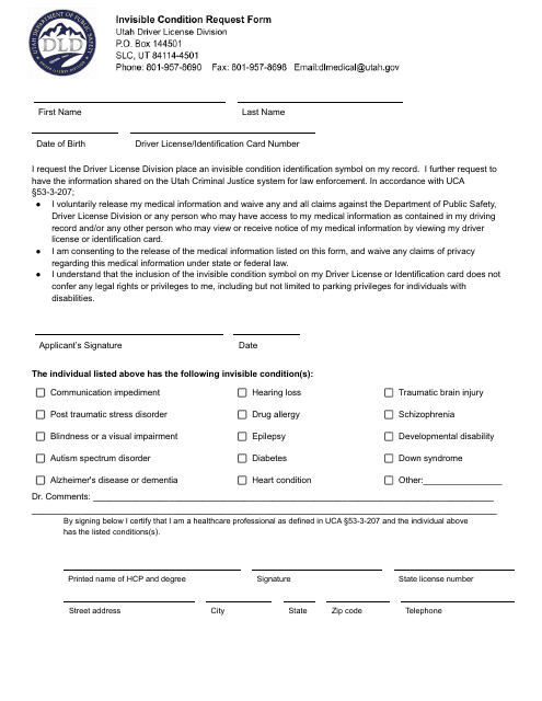 Invisible Condition Request Form - Utah Download Pdf