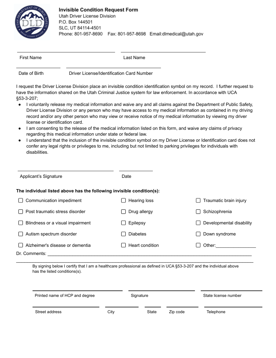 Invisible Condition Request Form - Utah, Page 1