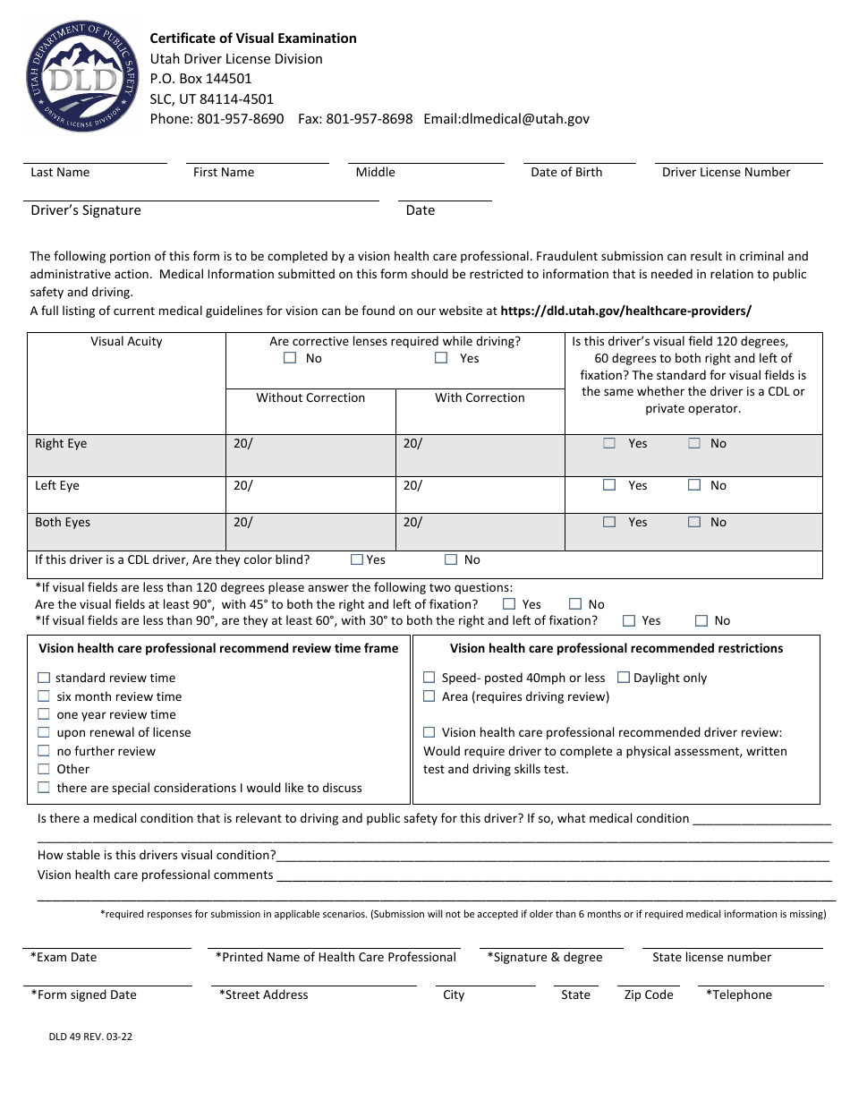 Form DLD49 Certificate of Visual Examination - Utah, Page 1