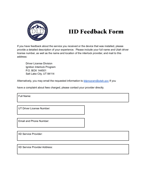 Iid Feedback Form - Utah Download Pdf