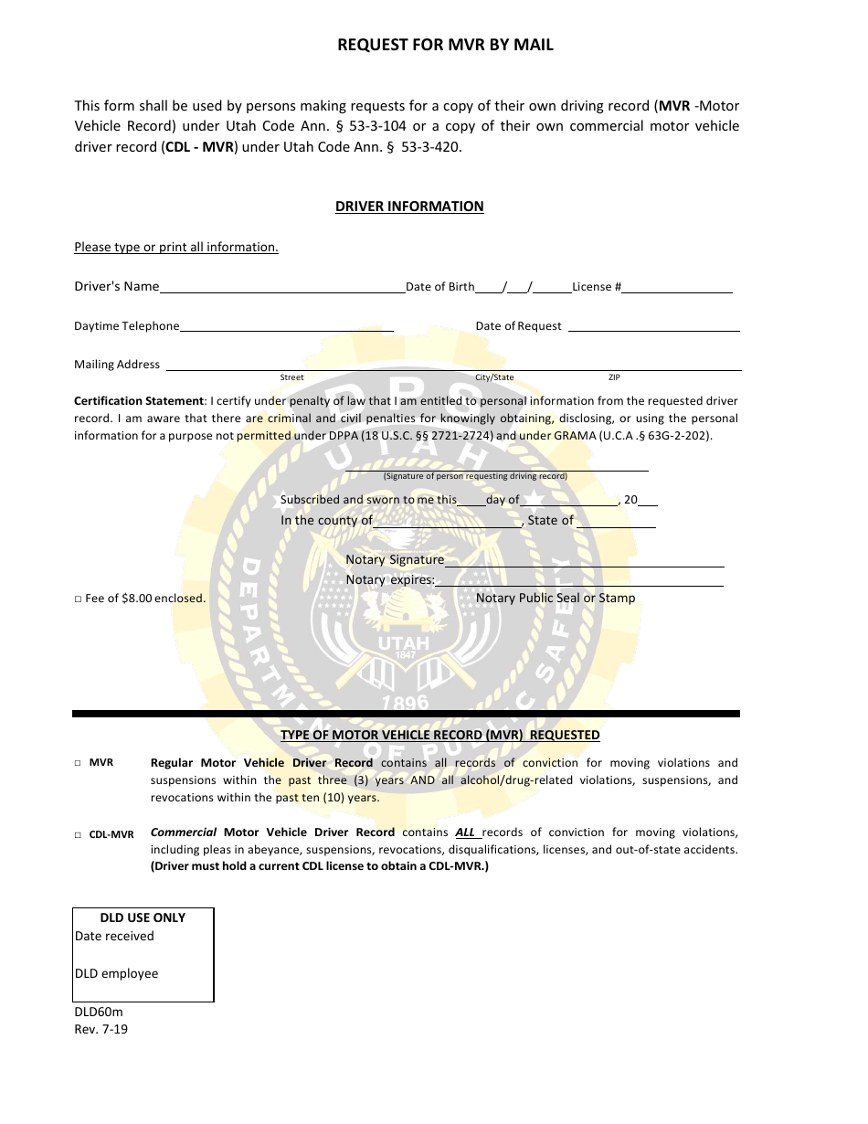 Form DLD60M Request for Mvr by Mail - Utah, Page 1