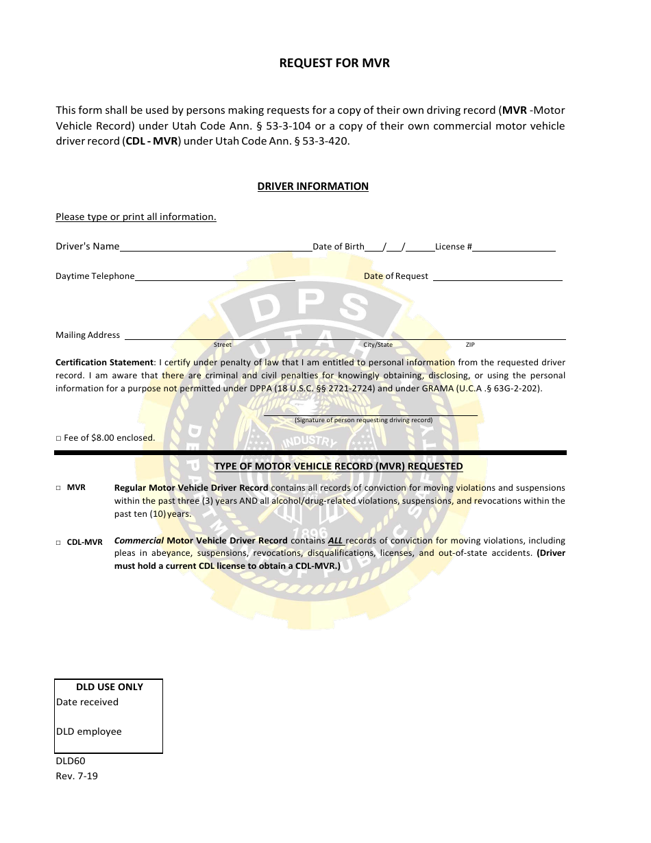 Form DLD60 Download Printable PDF or Fill Online Request for Mvr in