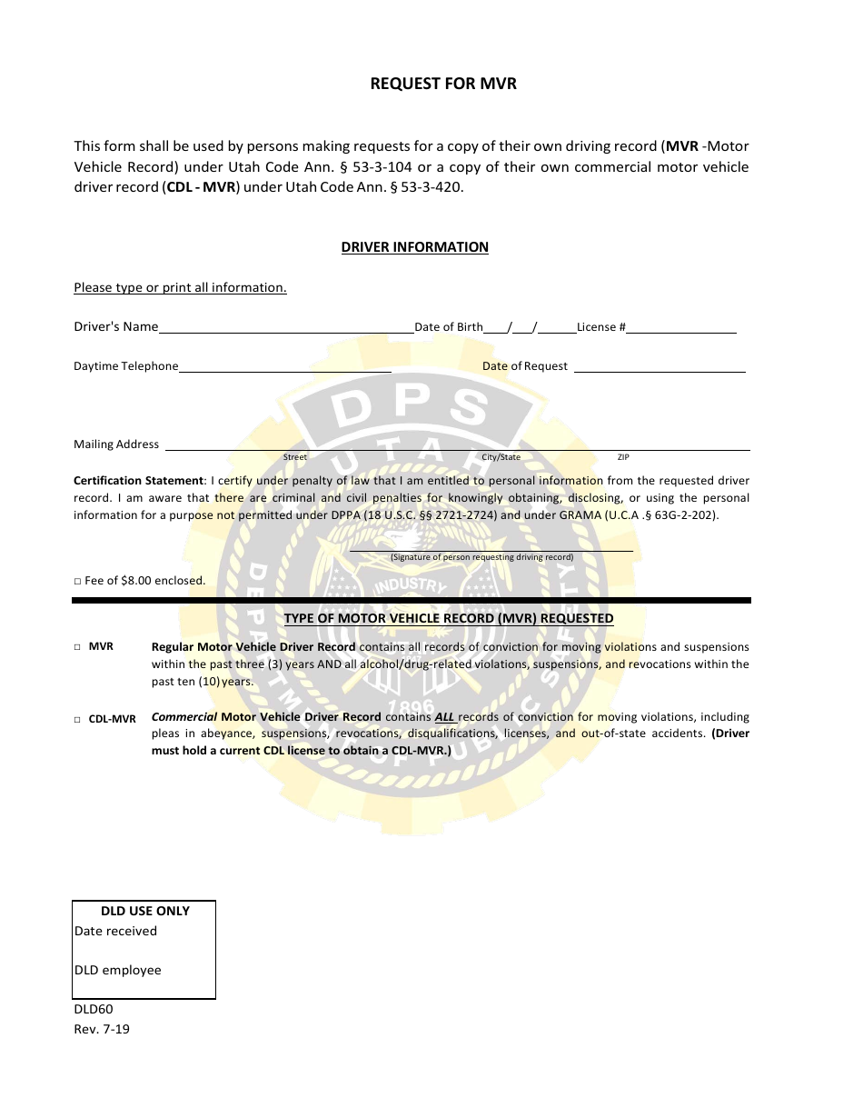 Form DLD60 Request for Mvr - in-Person - Utah, Page 1