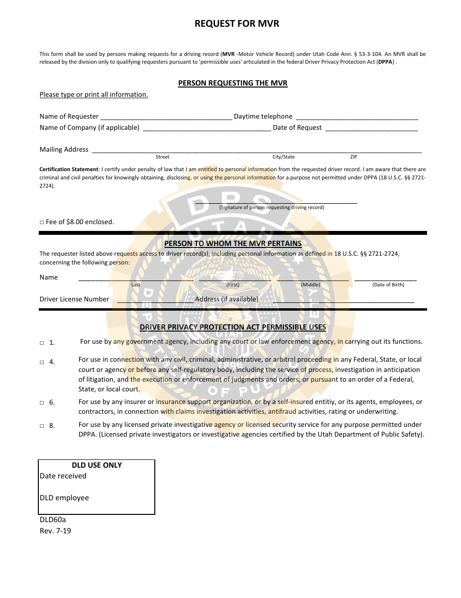 Form DLD60A Download Printable PDF or Fill Online Request for Mvr, Utah