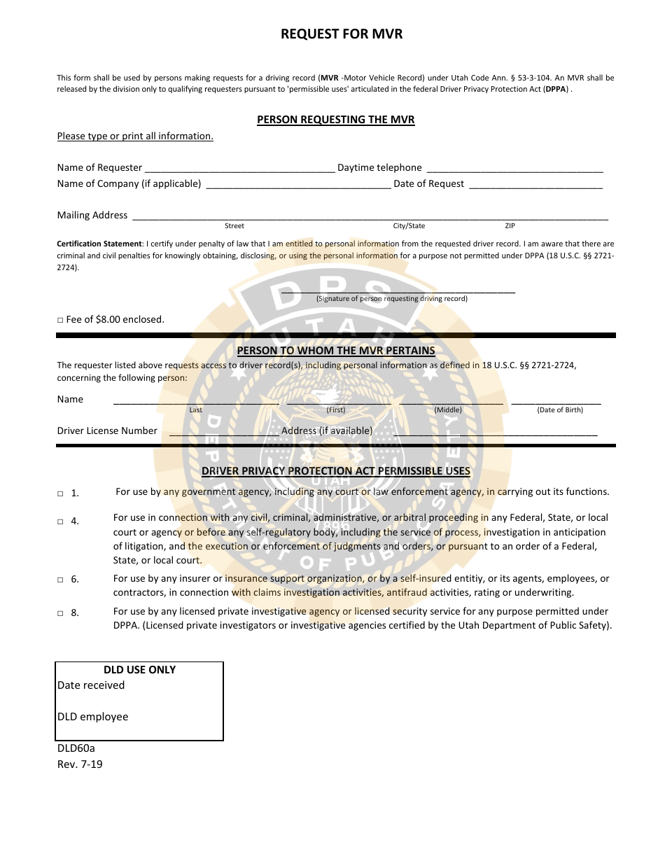 Form DLD60A Request for Mvr - Utah, Page 1