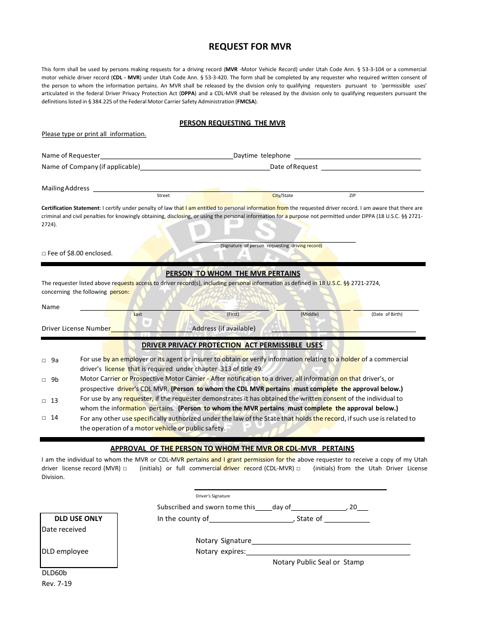 Form DLD60B Request for Mvr - Utah, Page 1