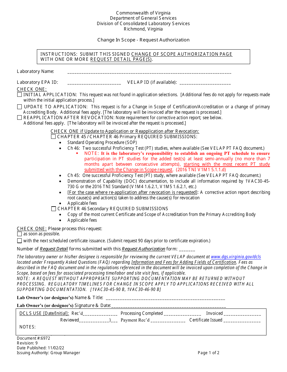 Form 6972 Change in Scope - Request Authorization - Virginia, Page 1