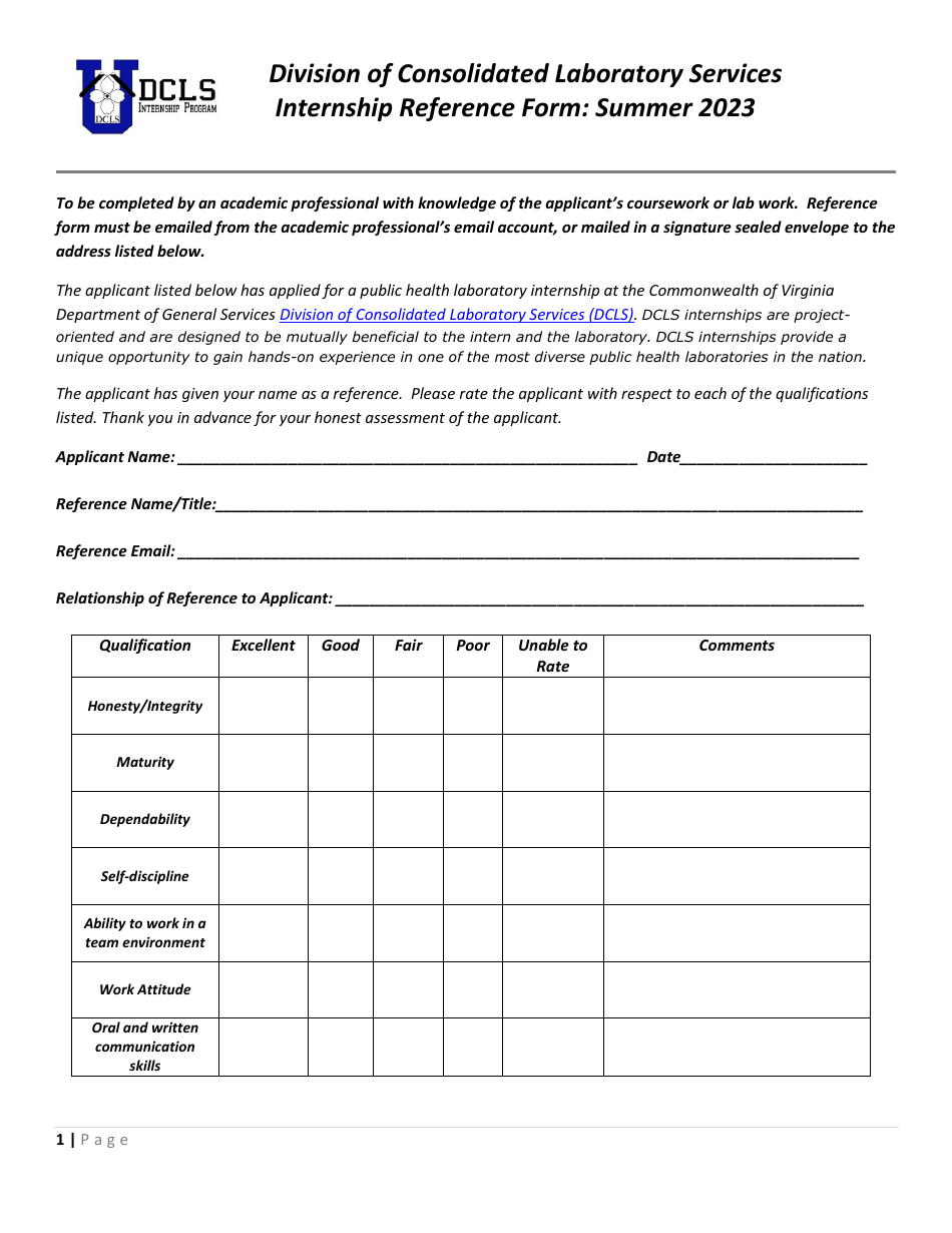 Internship Reference Form - Virginia, Page 1