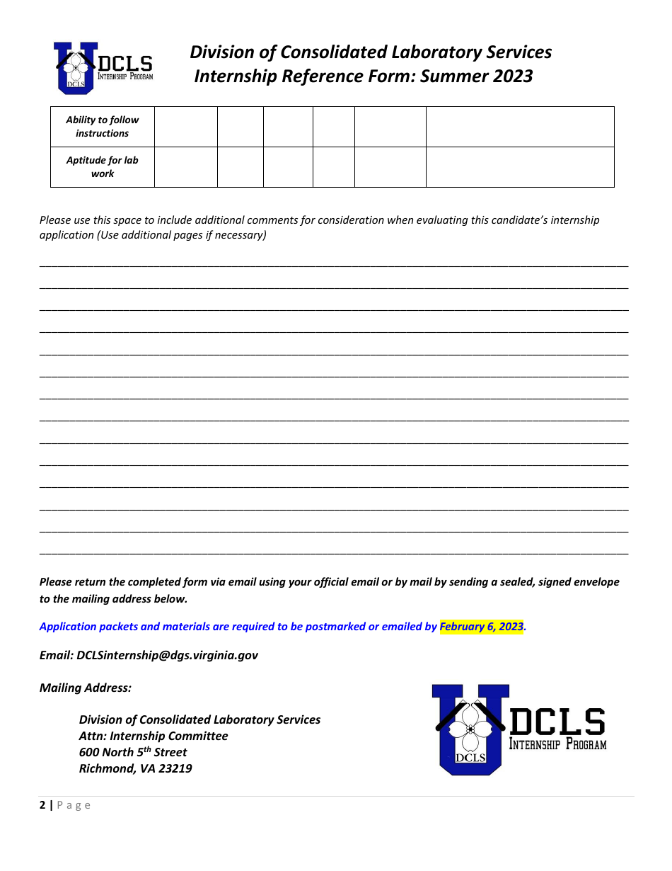 Internship Reference Form - Virginia, Page 2