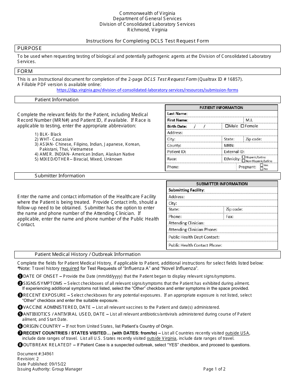 Instructions for Form 16857 Dcls Test Request Form - Virginia, Page 1