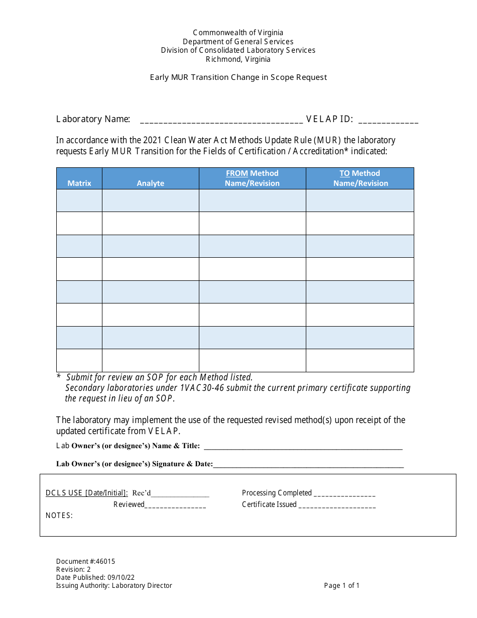 Form 46015 Early Mur Transition Change in Scope Request - Virginia, Page 1