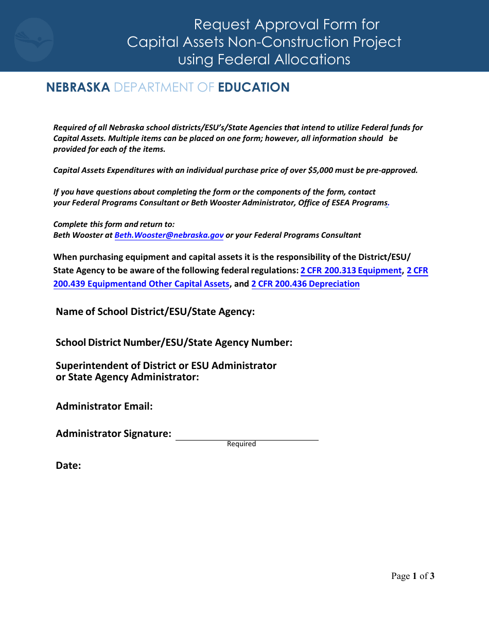 Request Approval Form for Capital Assets Non-construction Project Using Federal Allocations - Nebraska, Page 1