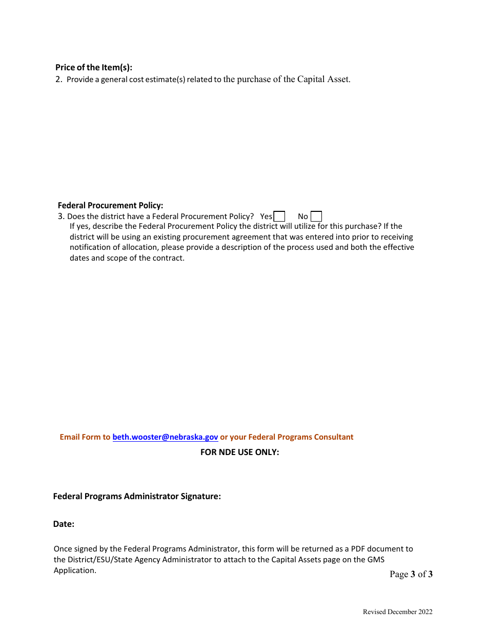 Request Approval Form for Capital Assets Non-construction Project Using Federal Allocations - Nebraska, Page 3