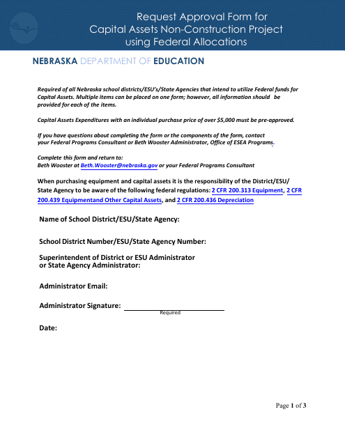 Request Approval Form for Capital Assets Non-construction Project Using Federal Allocations - Nebraska