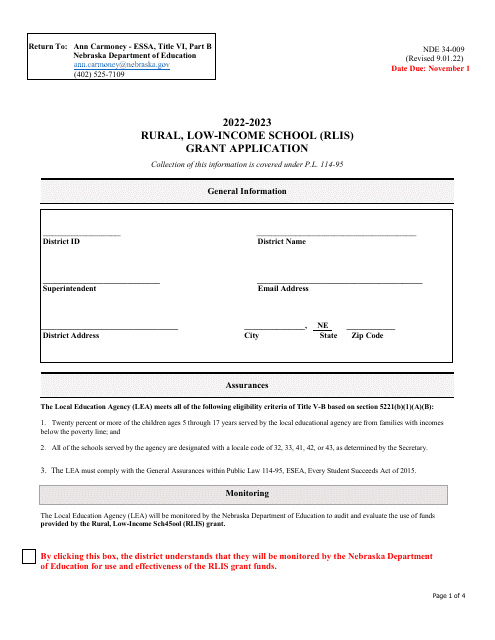 NDE Form 34-009 Rural, Low-Income School (Rlis) Grant Application - Nebraska, 2023