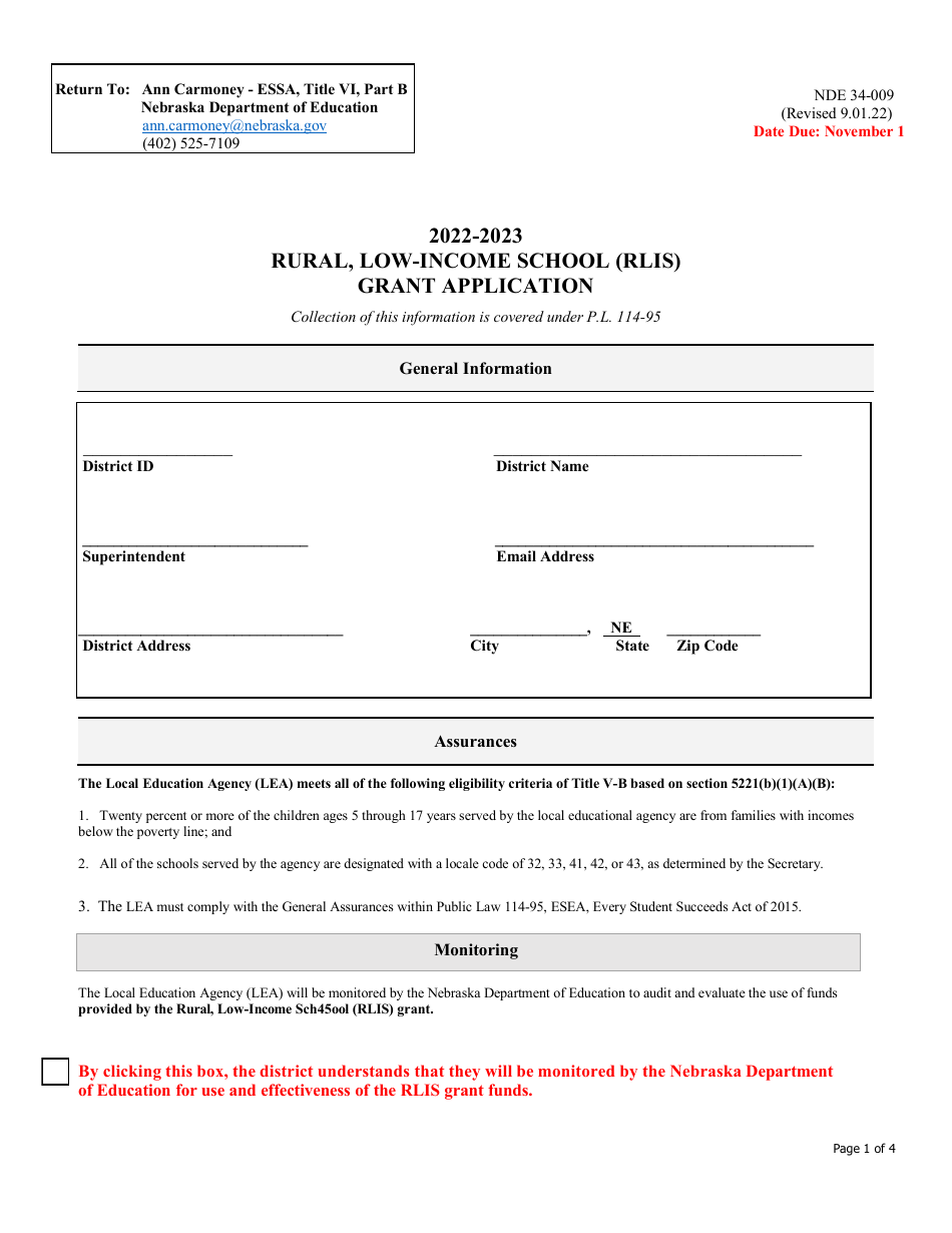 NDE Form 34-009 Rural, Low-Income School (Rlis) Grant Application - Nebraska, Page 1