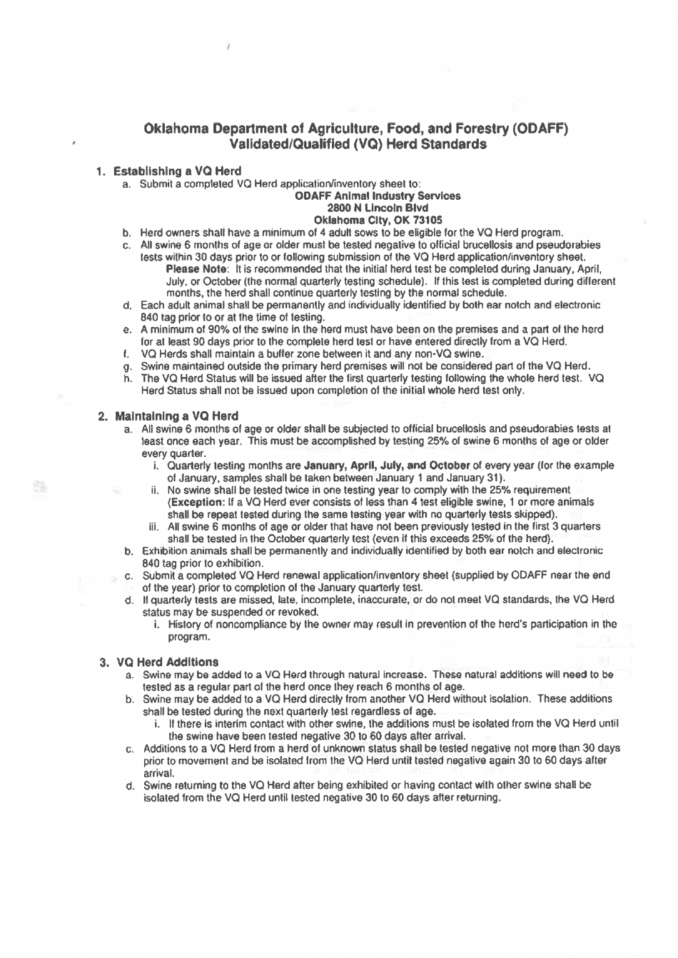 Form AIS VQ001 Validated / Qualified Herd Application and Inventory Sheet - Oklahoma, Page 1