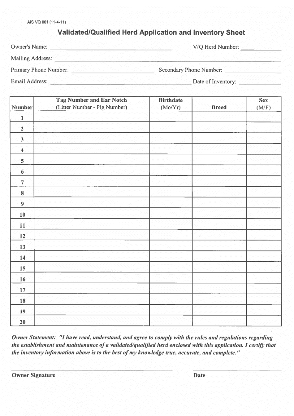 Form AIS VQ001 Validated / Qualified Herd Application and Inventory Sheet - Oklahoma, Page 2