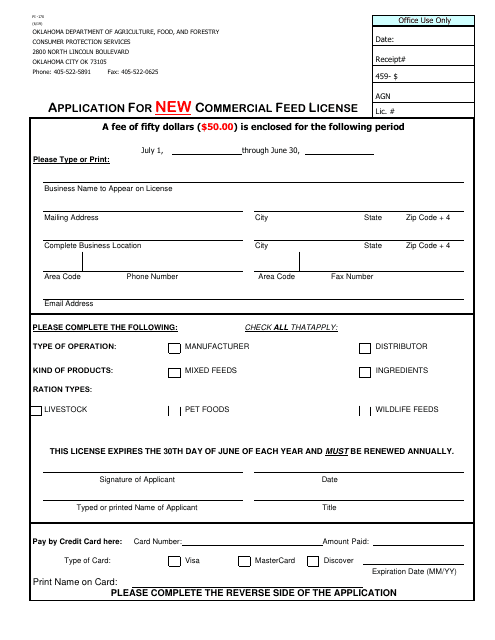 Form PI-170 Application for New Commercial Feed License - Oklahoma