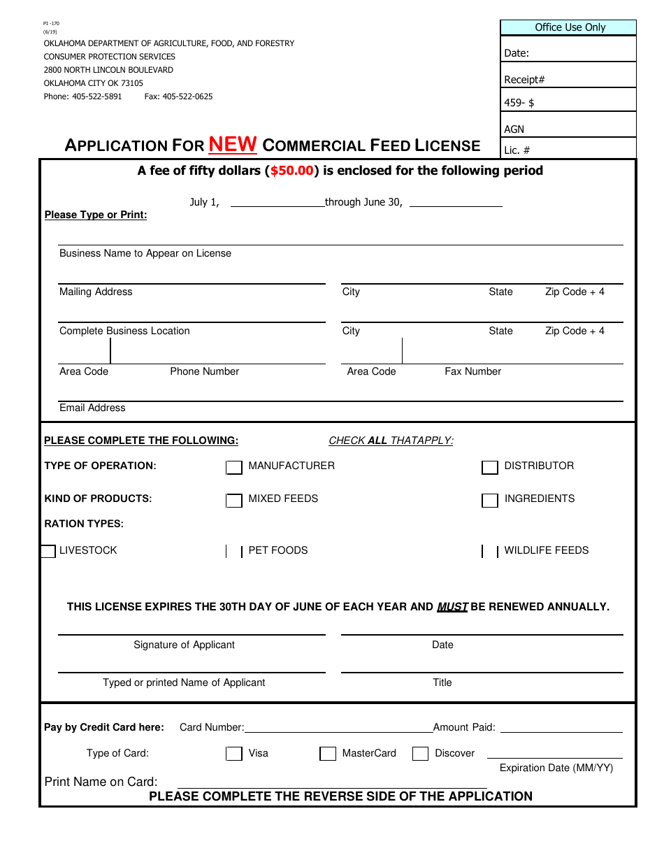 Form PI-170 Application for New Commercial Feed License - Oklahoma, Page 1