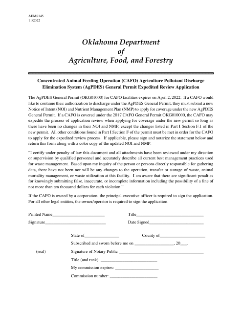 Form AEMS145 Concentrated Animal Feeding Operation (Cafo) Agriculture Pollutant Discharge Elimination System (Agpdes) General Permit Expedited Review Application - Oklahoma