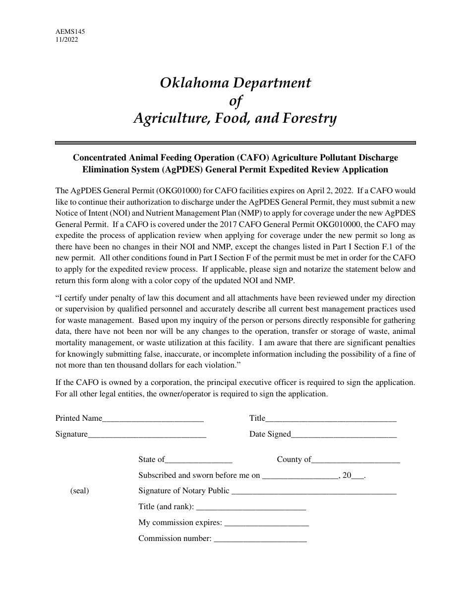 Form AEMS145 Concentrated Animal Feeding Operation (Cafo) Agriculture Pollutant Discharge Elimination System (Agpdes) General Permit Expedited Review Application - Oklahoma, Page 1