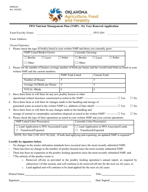 Form AEMS142 Pfo Nutrient Management Plan (Nmp) - Six Year Renewal Application - Oklahoma