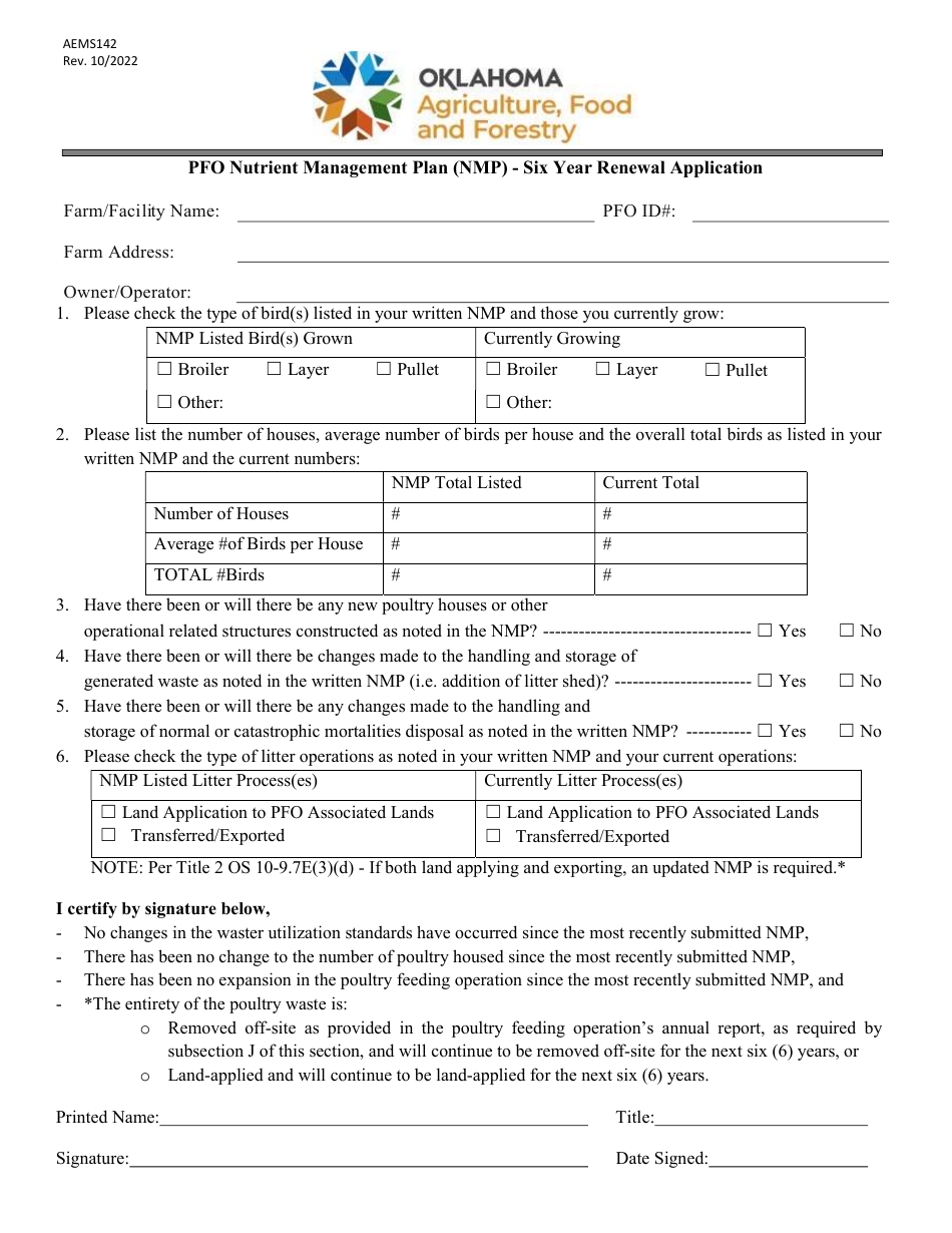 Form AEMS142 Pfo Nutrient Management Plan (Nmp) - Six Year Renewal Application - Oklahoma, Page 1