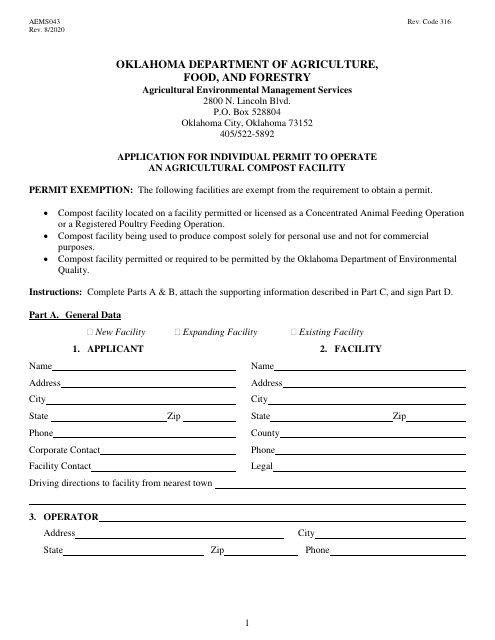 Form AEMS043 Application for Individual Permit to Operate an Agricultural Compost Facility - Oklahoma