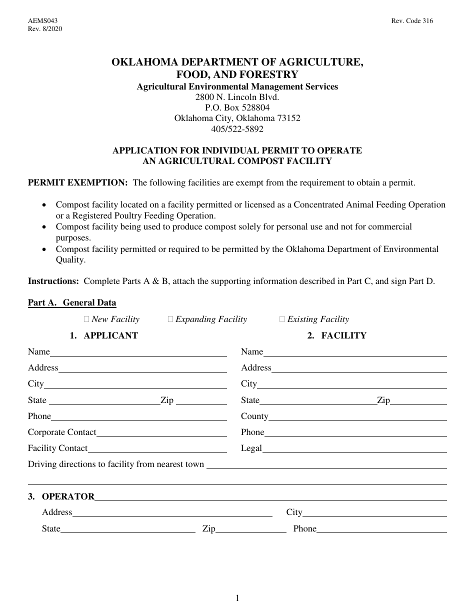 Form AEMS043 Application for Individual Permit to Operate an Agricultural Compost Facility - Oklahoma, Page 1