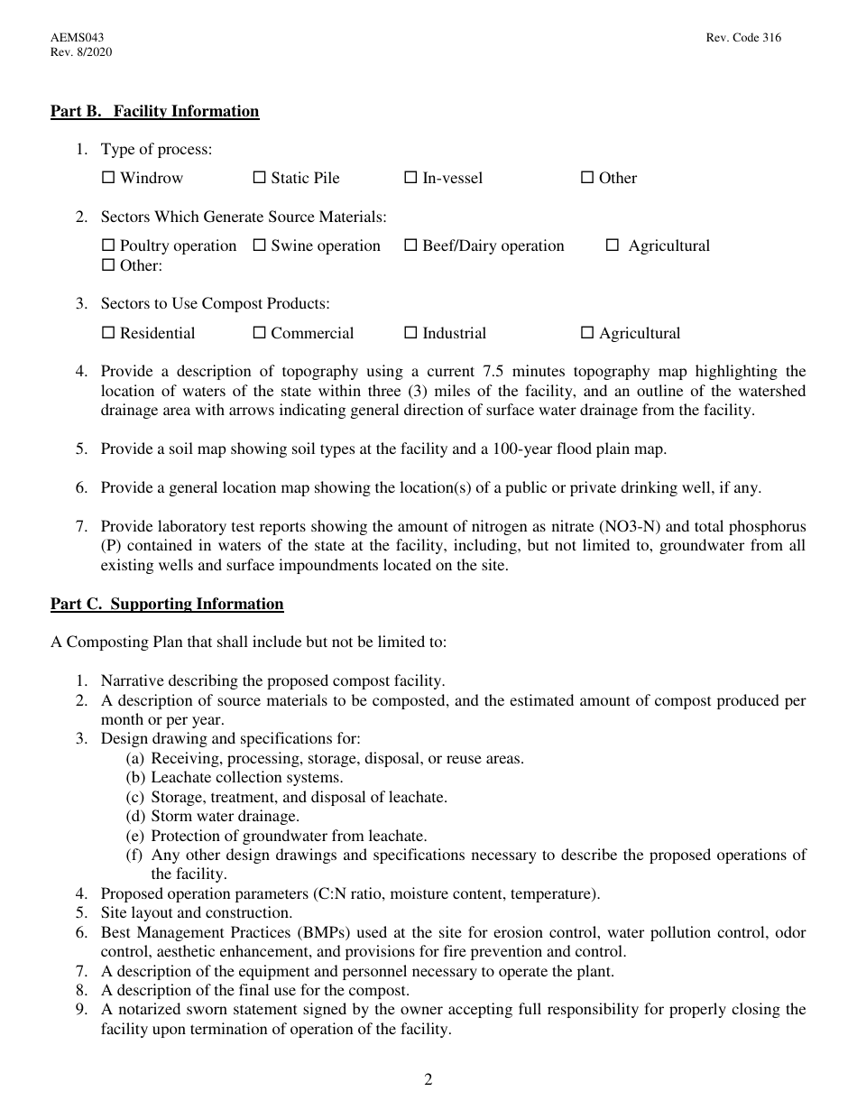 Form AEMS043 Application for Individual Permit to Operate an Agricultural Compost Facility - Oklahoma, Page 2