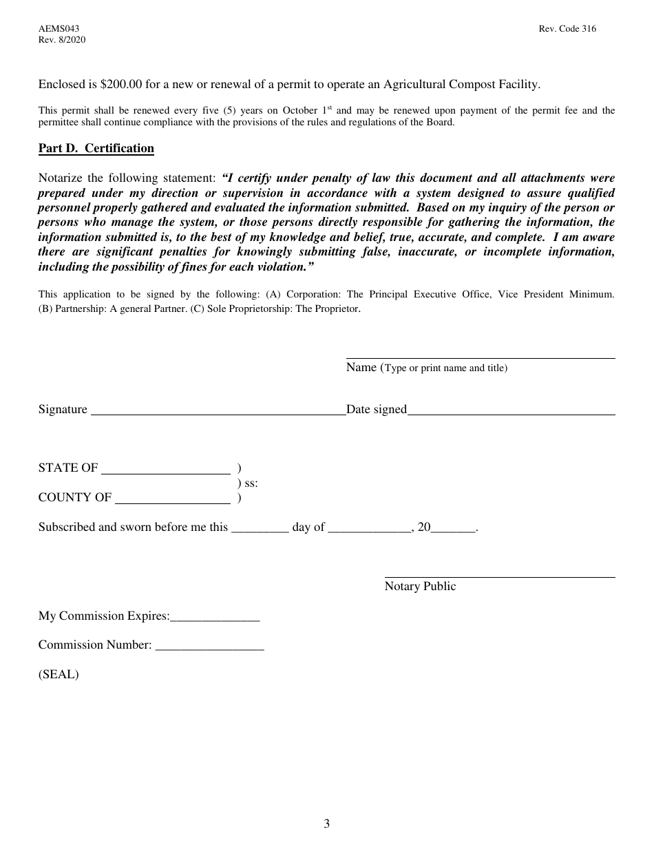 Form AEMS043 Application for Individual Permit to Operate an Agricultural Compost Facility - Oklahoma, Page 3