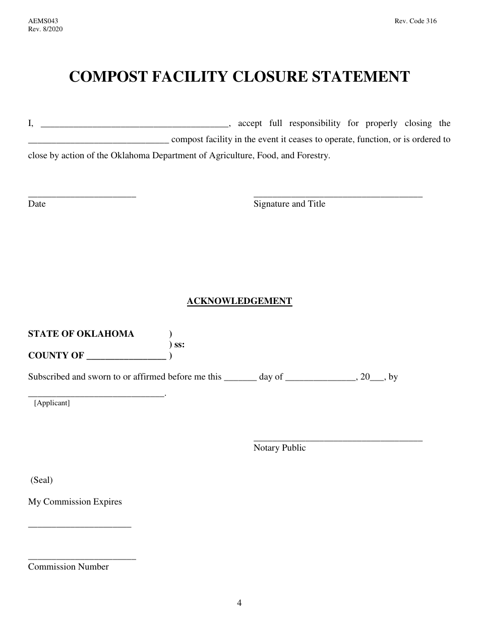 Form AEMS043 Application for Individual Permit to Operate an Agricultural Compost Facility - Oklahoma, Page 4