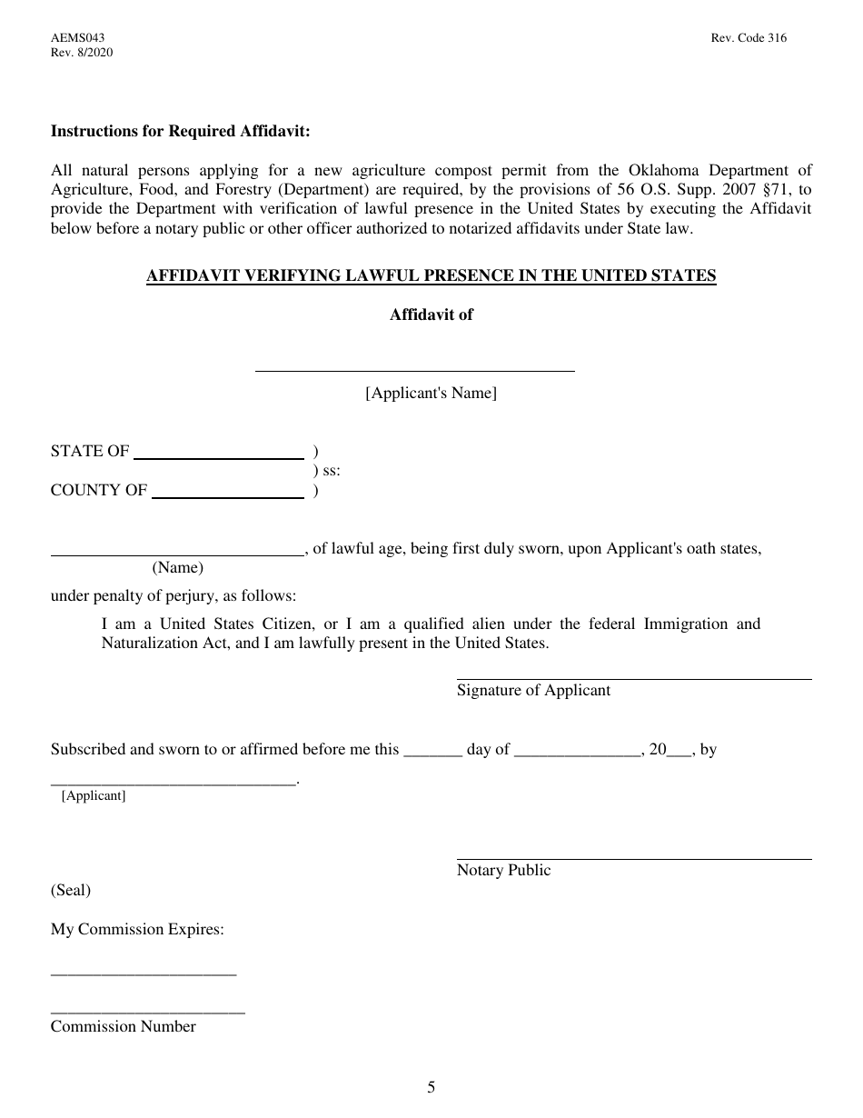 Form AEMS043 Application for Individual Permit to Operate an Agricultural Compost Facility - Oklahoma, Page 5