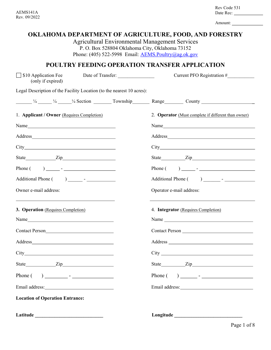 Form AEMS141A Poultry Feeding Operation Transfer Application - Oklahoma, Page 1