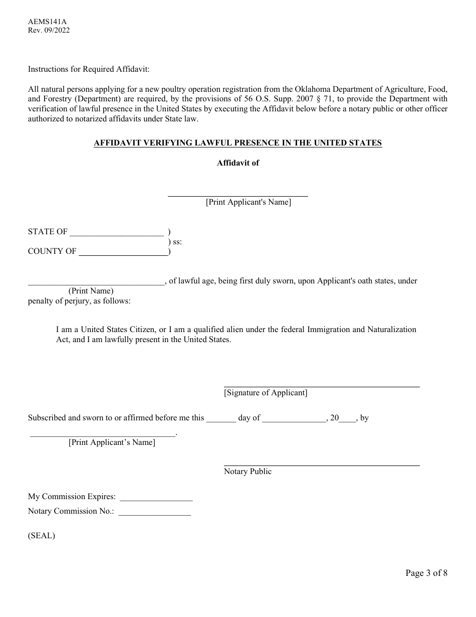 Form AEMS141A Poultry Feeding Operation Transfer Application - Oklahoma, Page 3