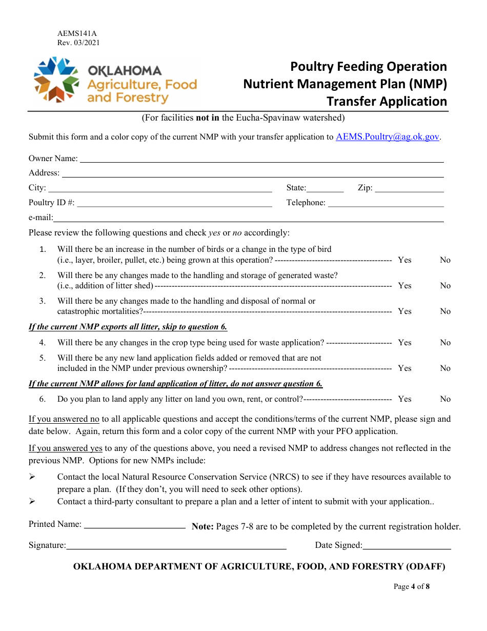 Form AEMS141A Poultry Feeding Operation Transfer Application - Oklahoma, Page 4