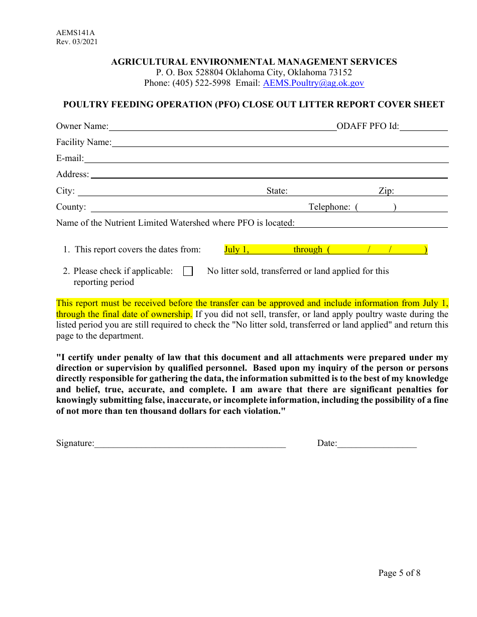 Form AEMS141A Poultry Feeding Operation Transfer Application - Oklahoma, Page 5