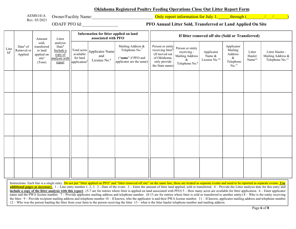 Form AEMS141A Poultry Feeding Operation Transfer Application - Oklahoma, Page 6