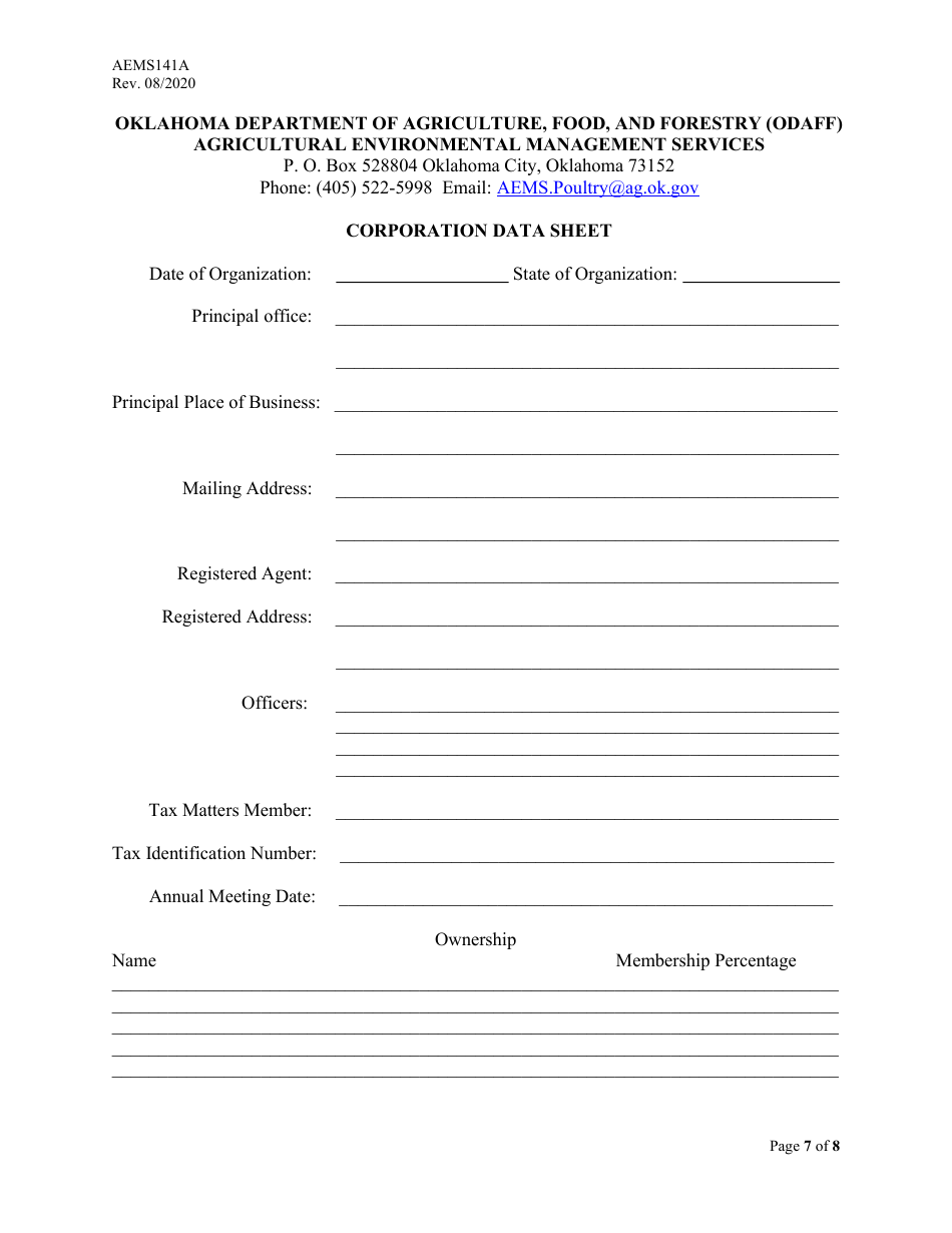 Form AEMS141A Poultry Feeding Operation Transfer Application - Oklahoma, Page 7