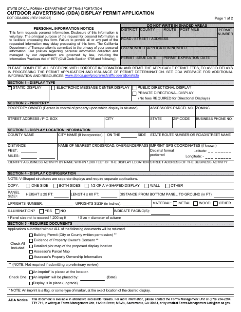 Form ODA-0002 Outdoor Advertising (Oda) Display Permit Application - California