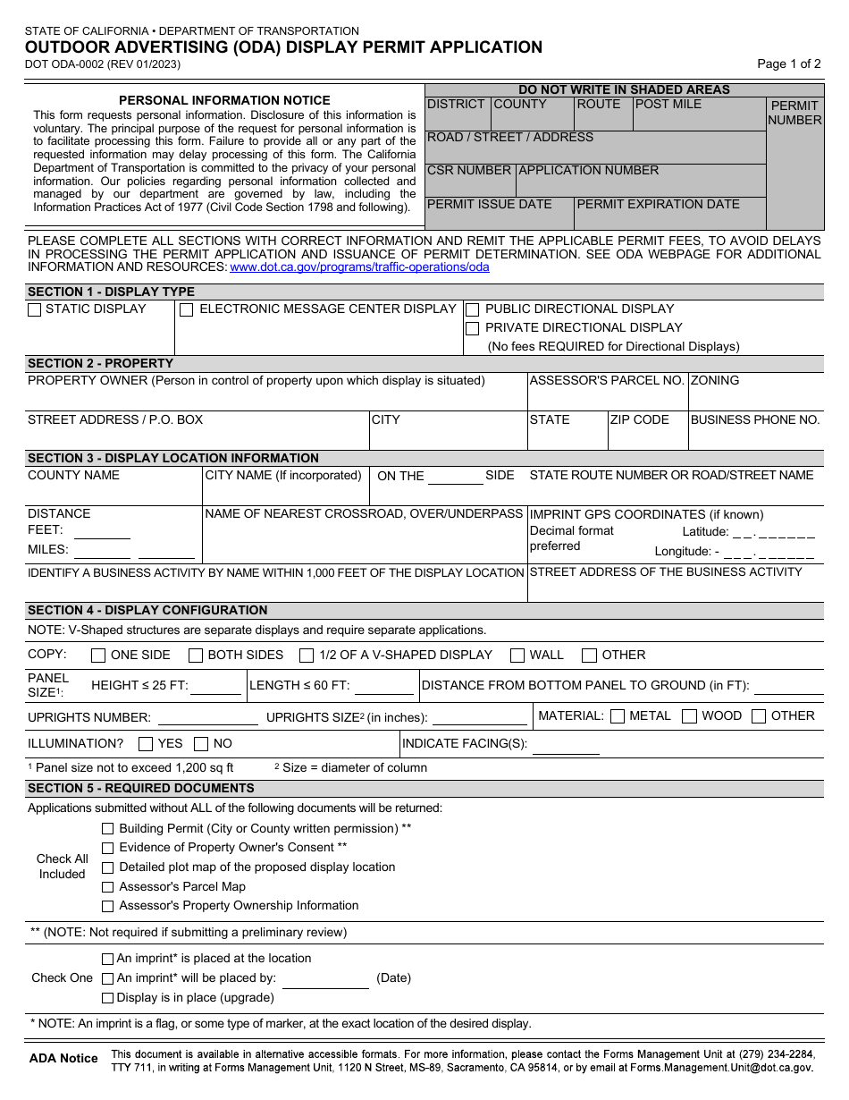Form ODA-0002 Outdoor Advertising (Oda) Display Permit Application - California, Page 1