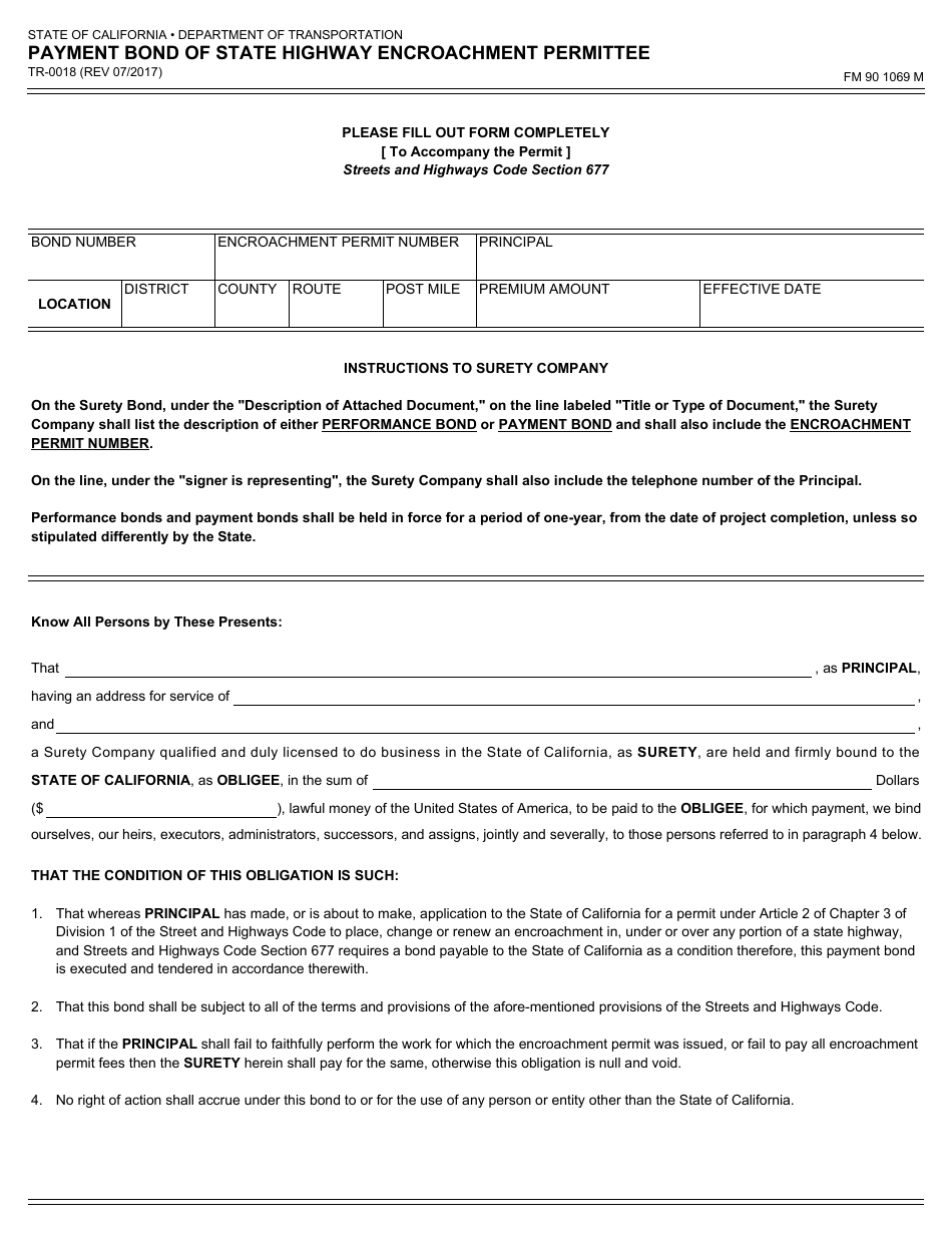 Form TR-0018 Payment Bond of State Highway Encroachment Permittee - California, Page 1