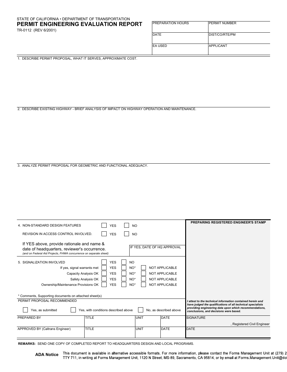Form TR-0112 Permit Engineering Evaluation Report - California, Page 1